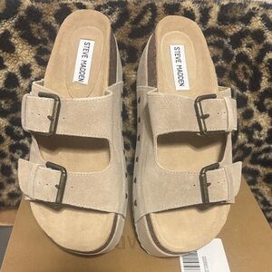 Steve Madden Tan Suede Double Buckle Slides